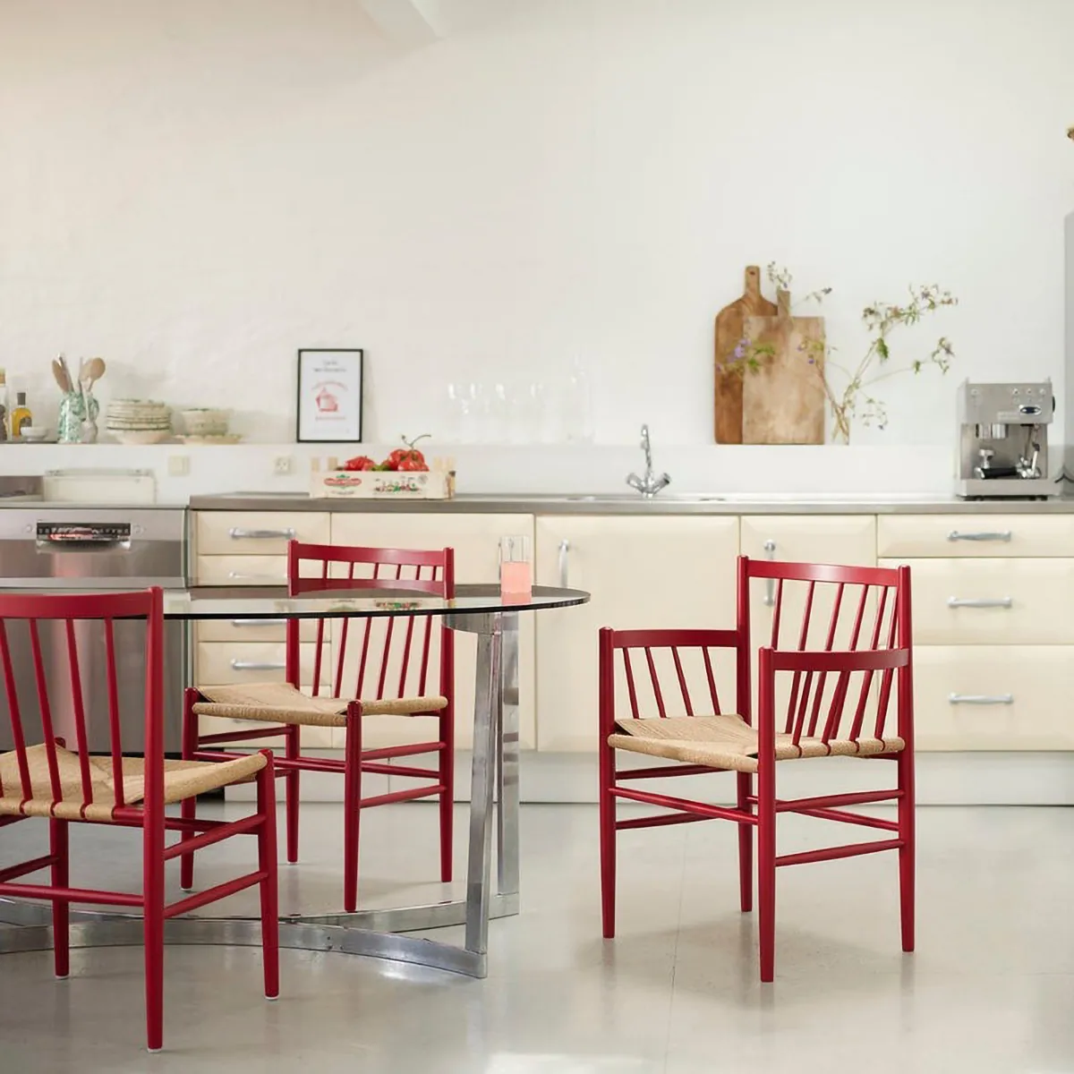 J80 chair, Ruby red beech-paper cord FDB Møbler