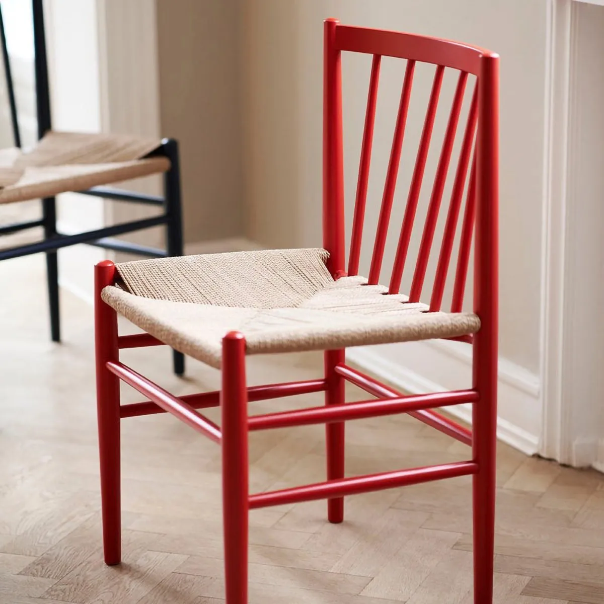 J80 chair, Ruby red beech-paper cord FDB Møbler