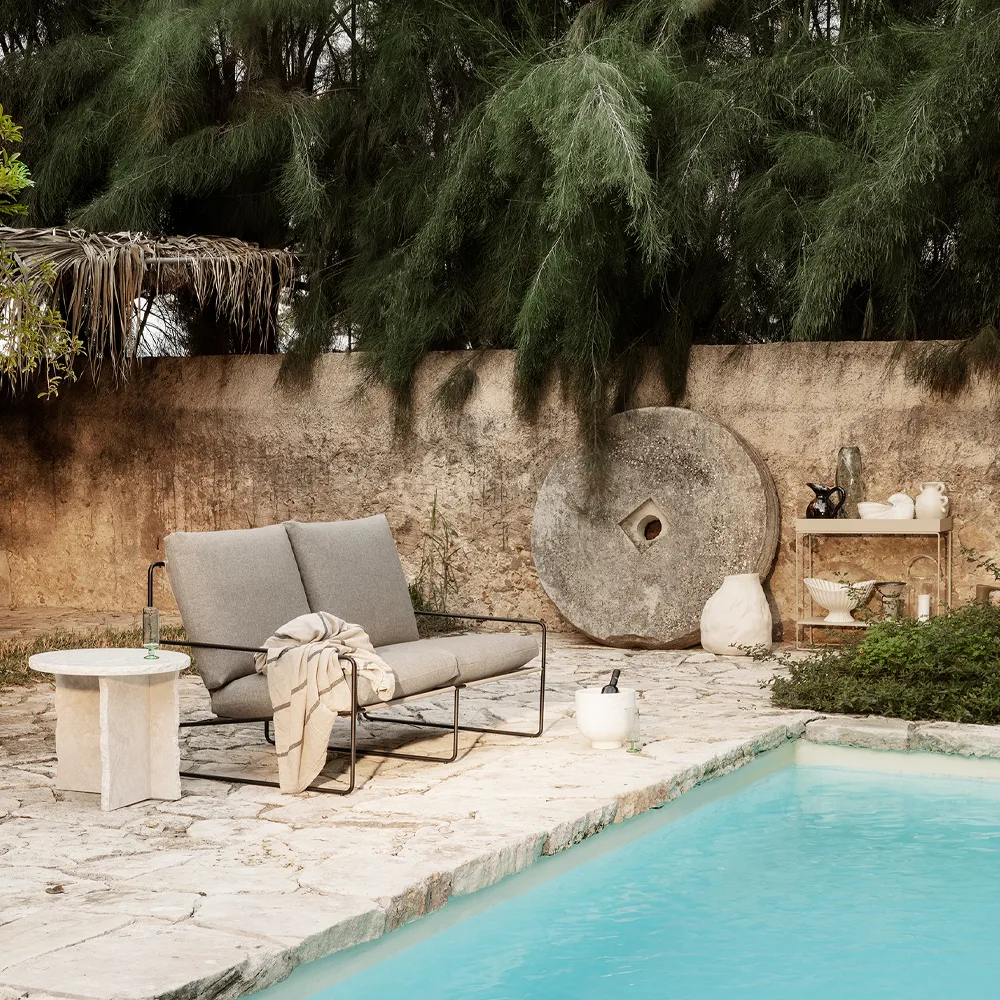 Desert 3-seat sofa, Fabric dark sand. black stand Ferm Living