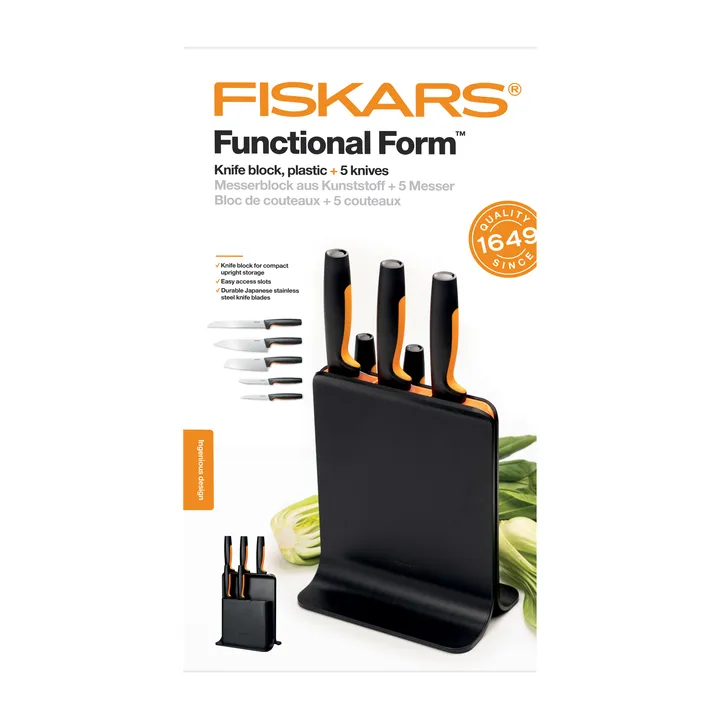 Functional Form plastic knife block with 5 knives from Fiskars