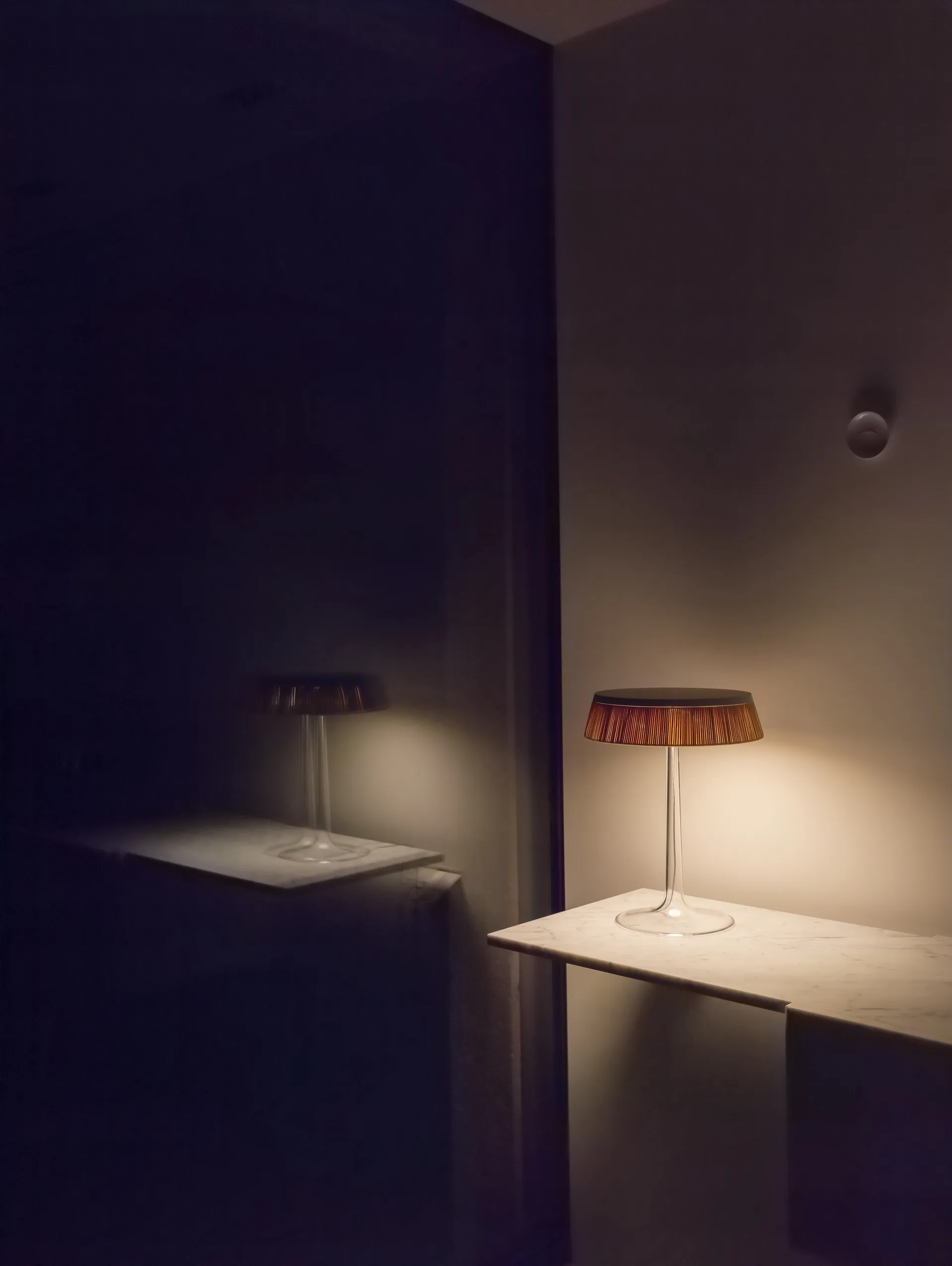 Bon Jour T table lamp, Smoke grey, matte chrome top Flos