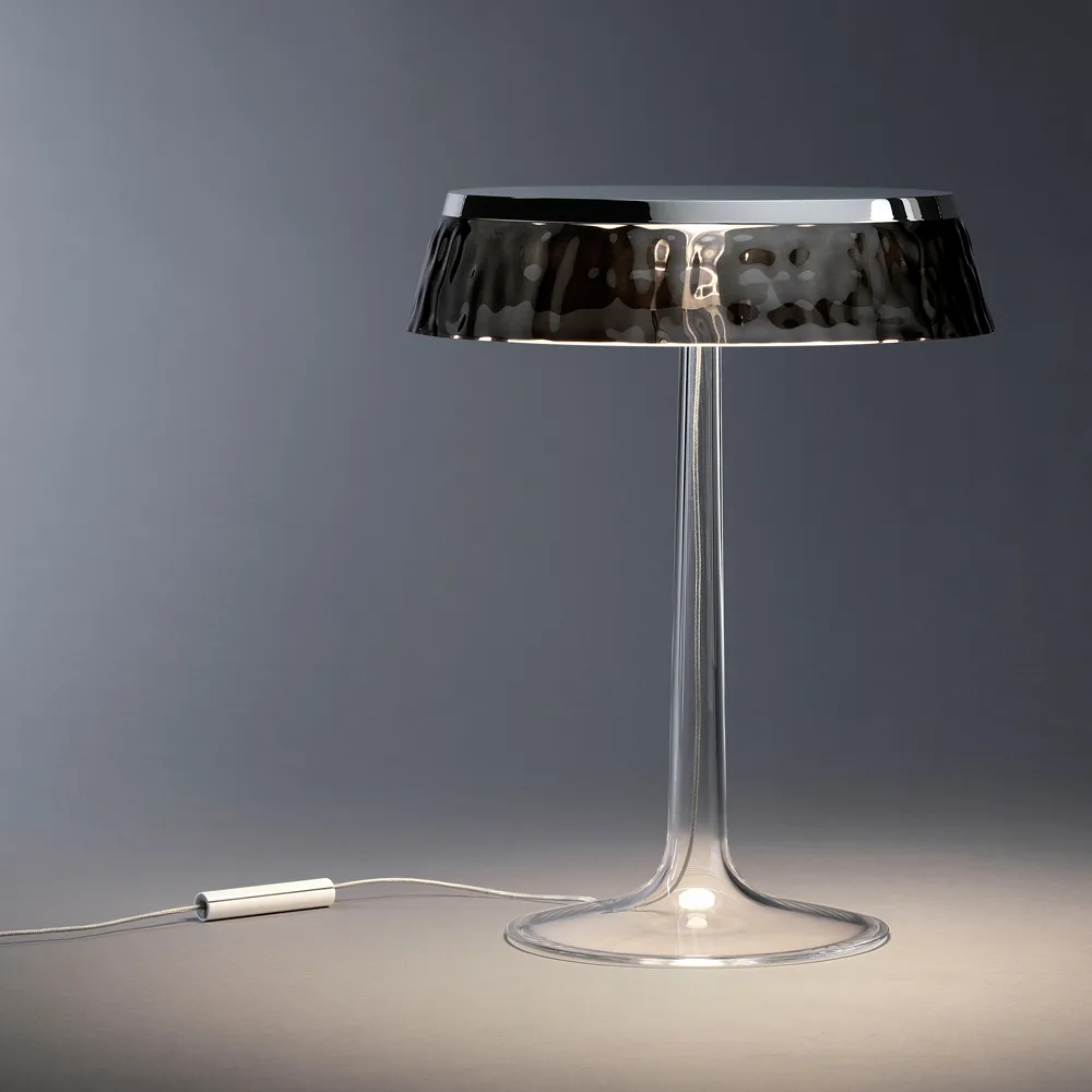 Bon Jour T table lamp, Transparent, matte chrome top Flos
