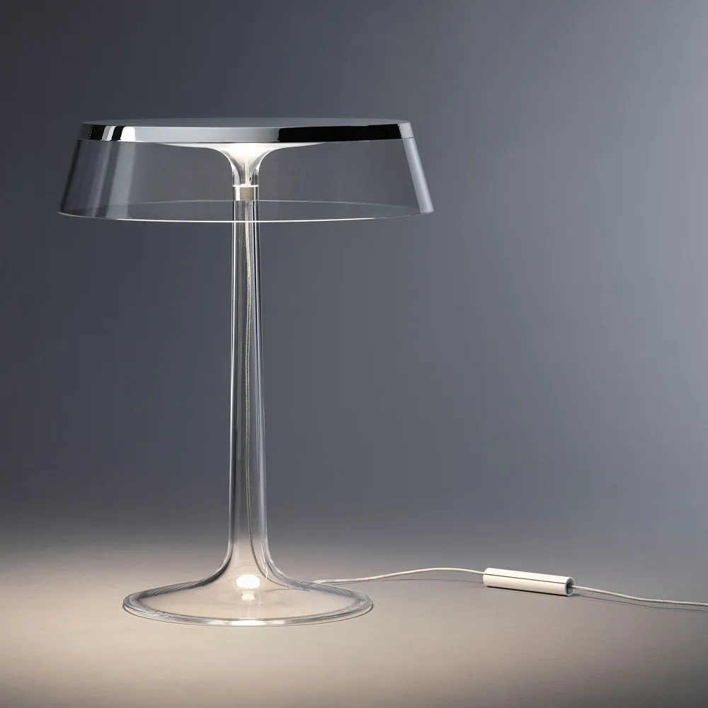 Bon Jour T table lamp, Transparent, matte chrome top Flos