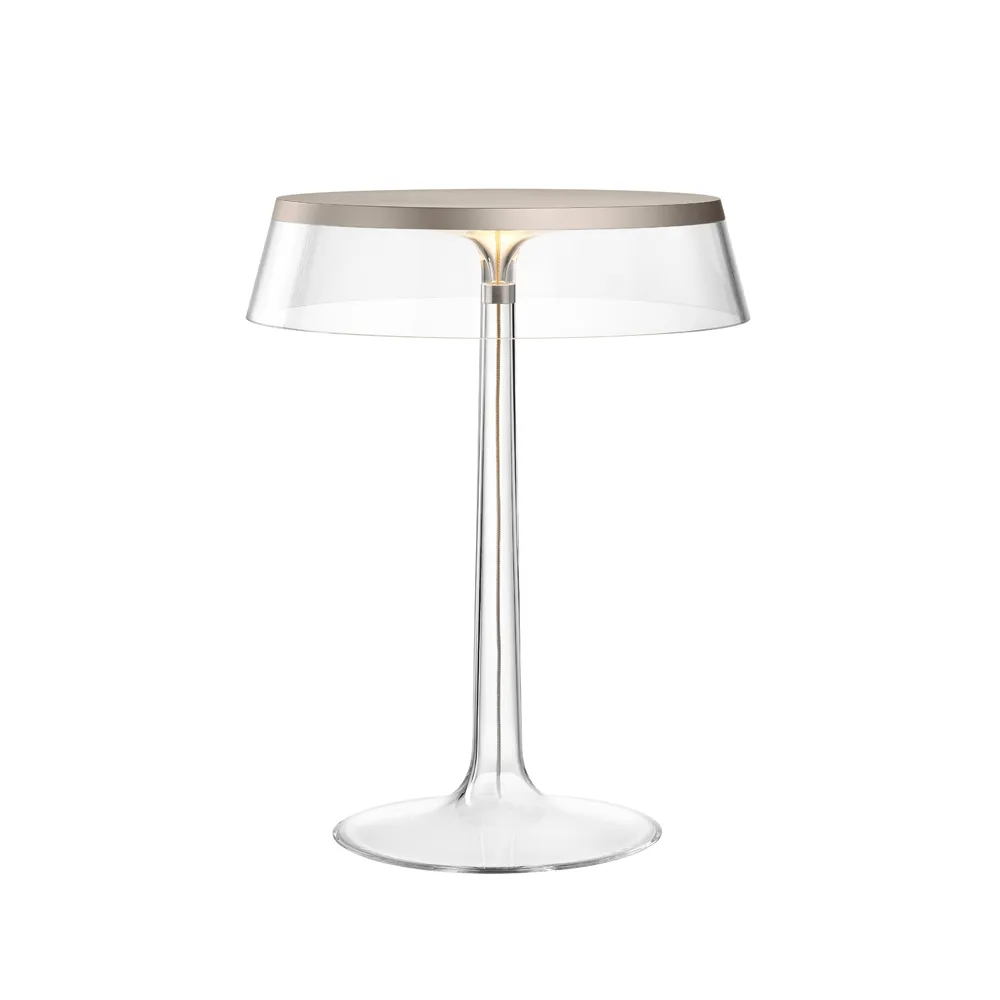Bon Jour T table lamp, Transparent, matte chrome top Flos