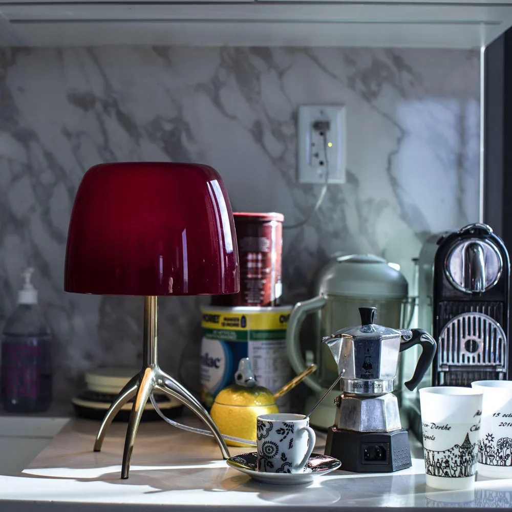 Lumiere Piccola Dimmable table lamp, Cherry red shade–black chrome base Foscarini