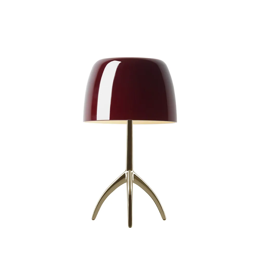 Lumiere Piccola Dimmable table lamp, Cherry red shade–champagne-coluored base Foscarini