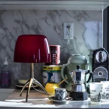 Lumiere Piccola Dimmable table lamp - Cherry red shade–champagne-coluored base - Foscarini