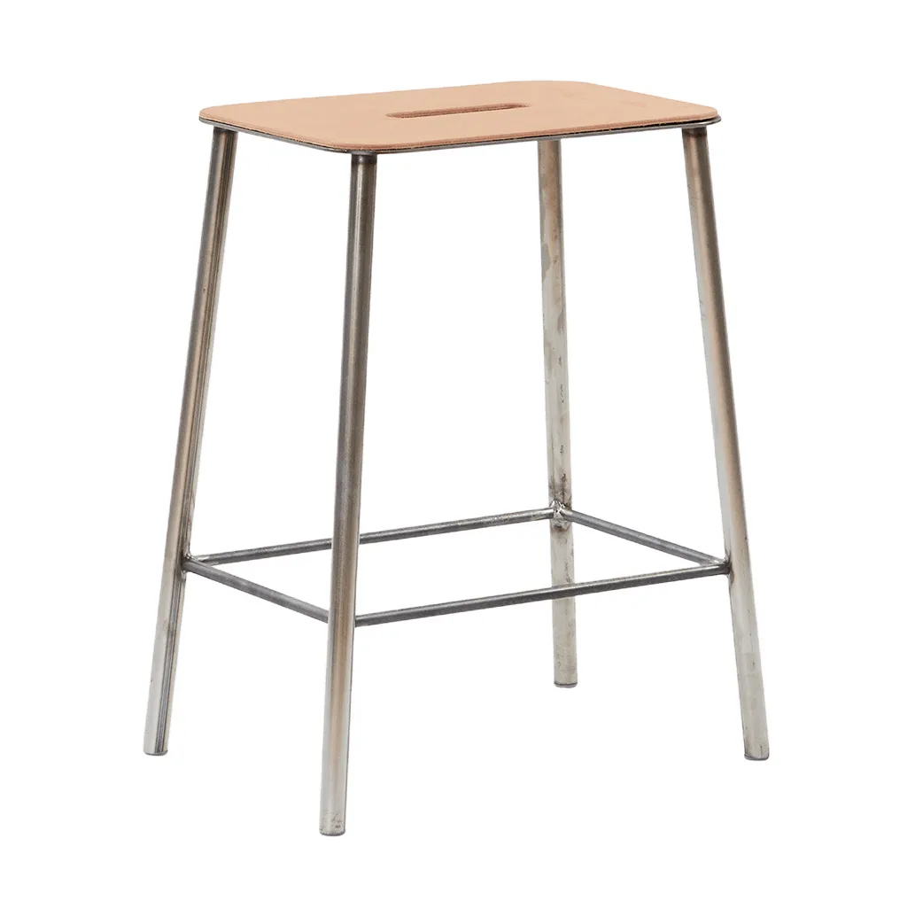 Adam stool, Raw steel-natural leather, H:50 cm FRAMA