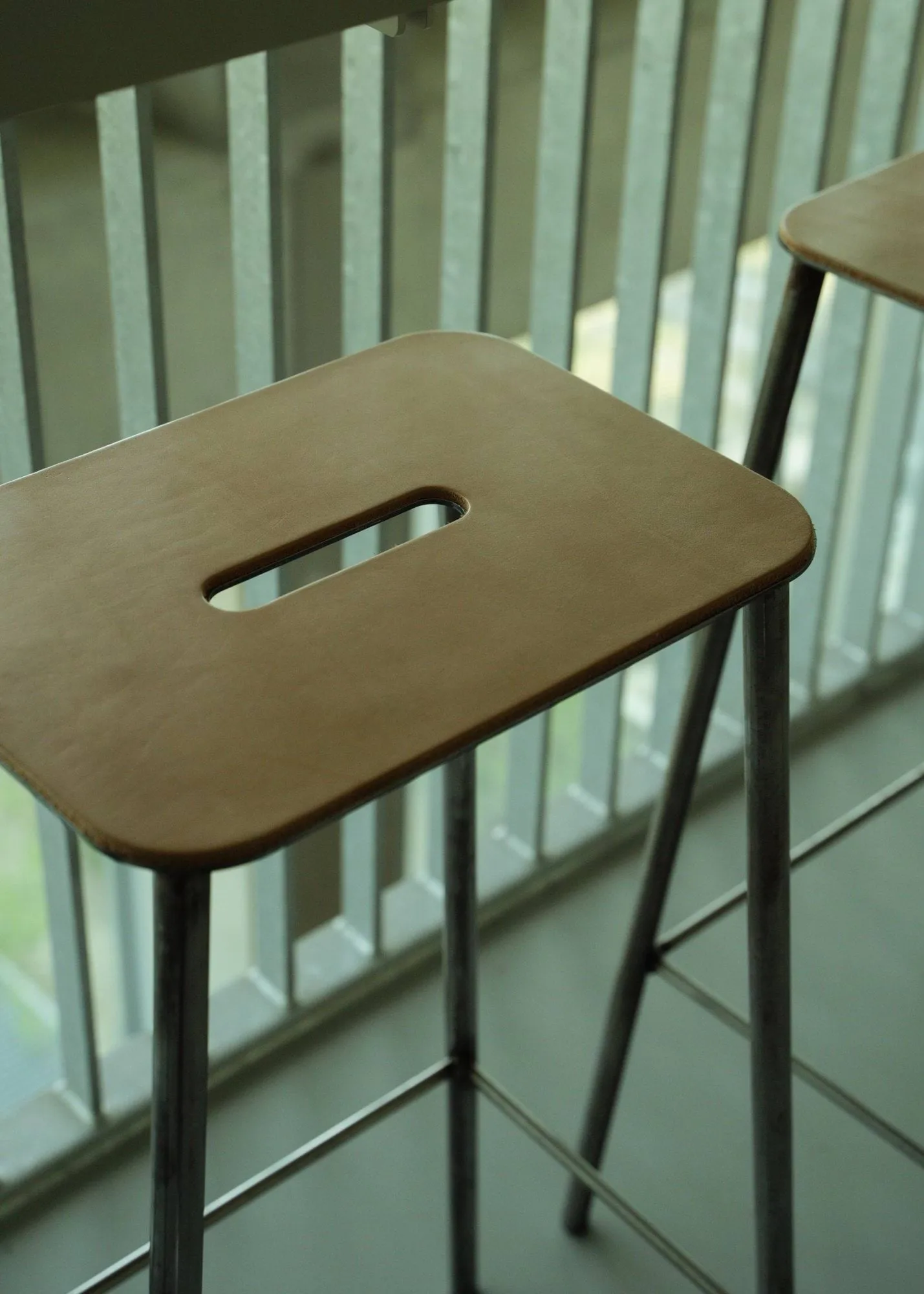Adam stool, Raw steel-natural leather, H:65 cm FRAMA