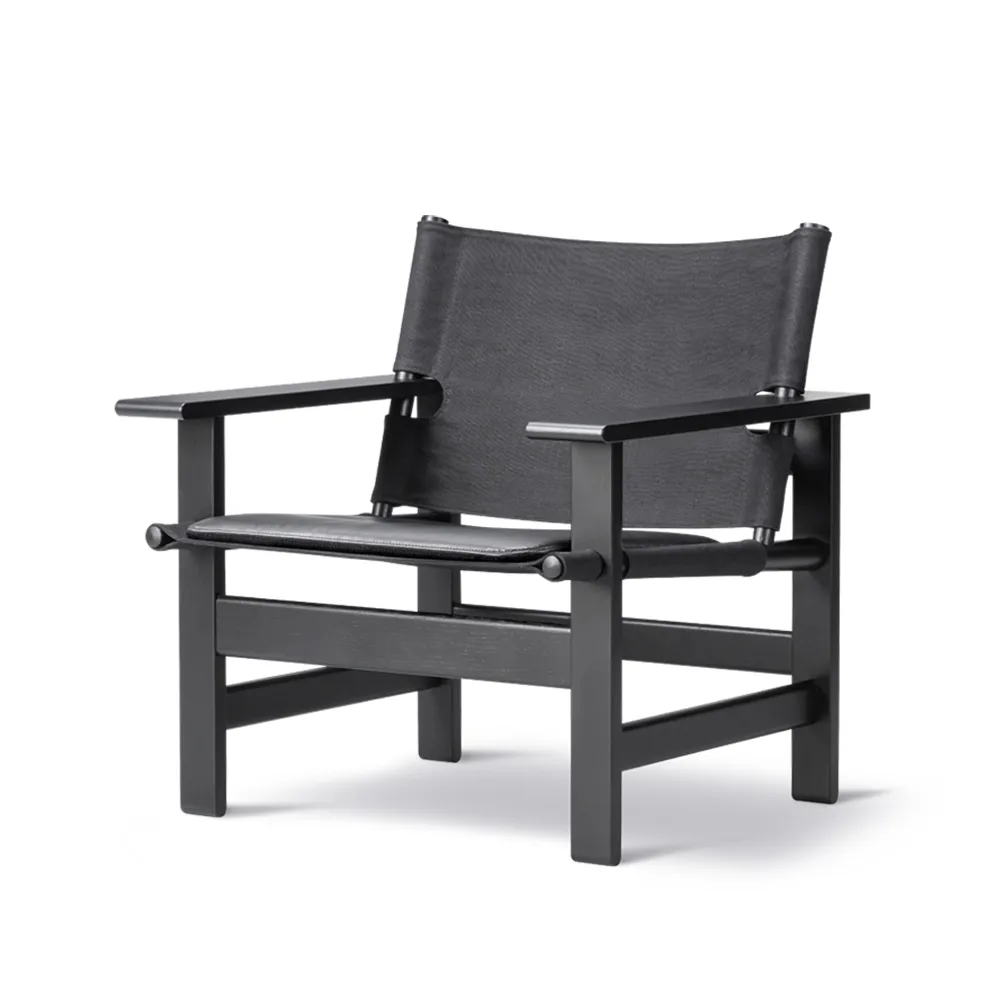 The Canvas Chair armchair, Canvas black-black lacquered oak, incl. black leather cushion Fredericia Furniture