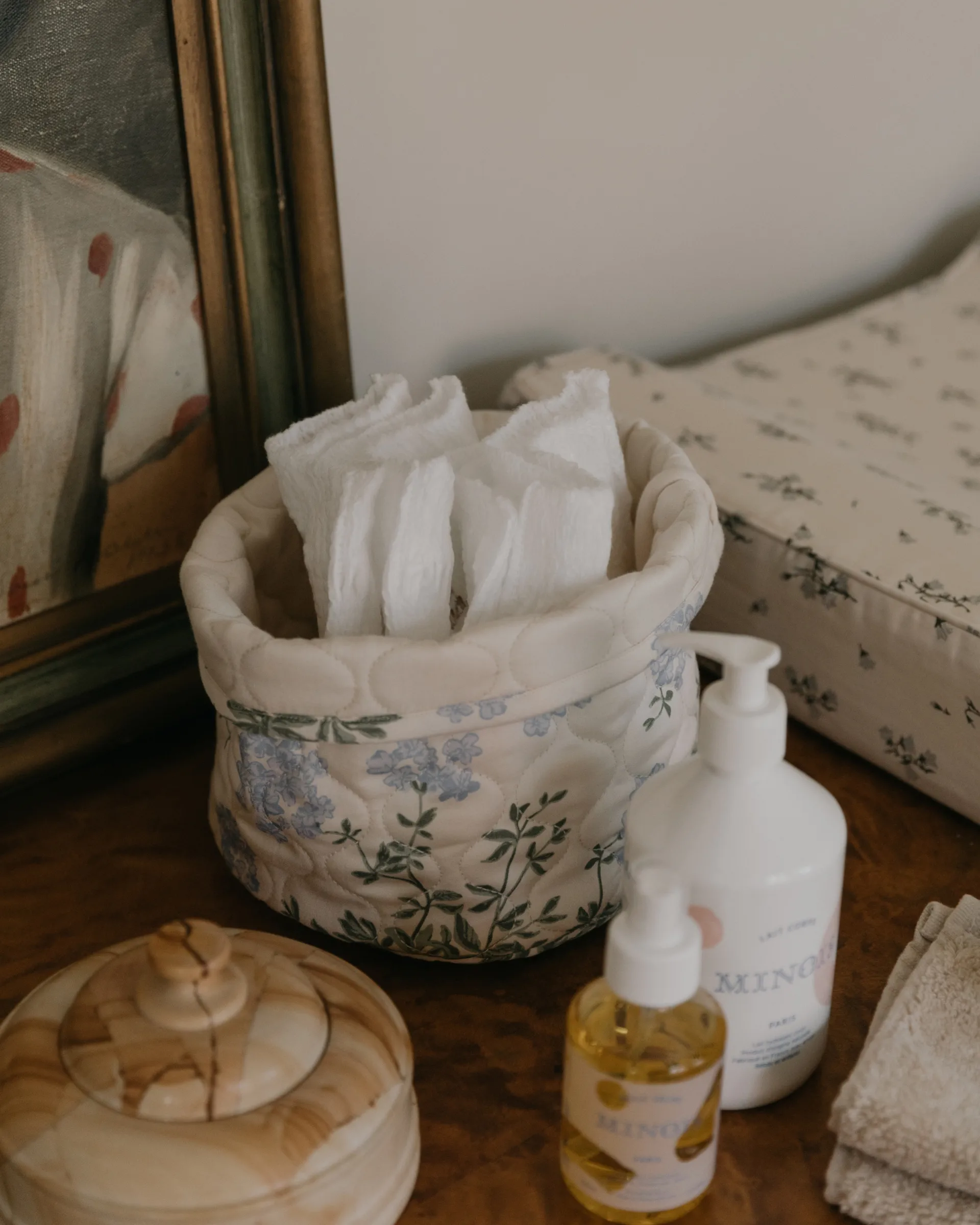 Plumbago Satin quilted basket 2 pieces, 20xØ20 cm + 30xØ30 cm Garbo&Friends