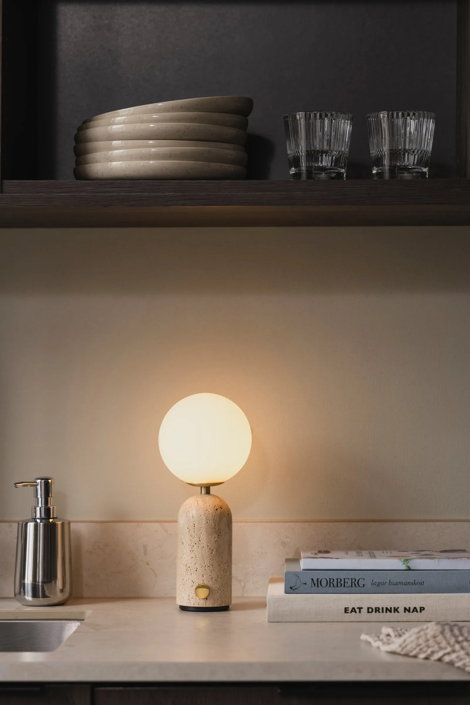 Torrano portable table lamp, Beige travertine, 27,5 cm Globen Lighting