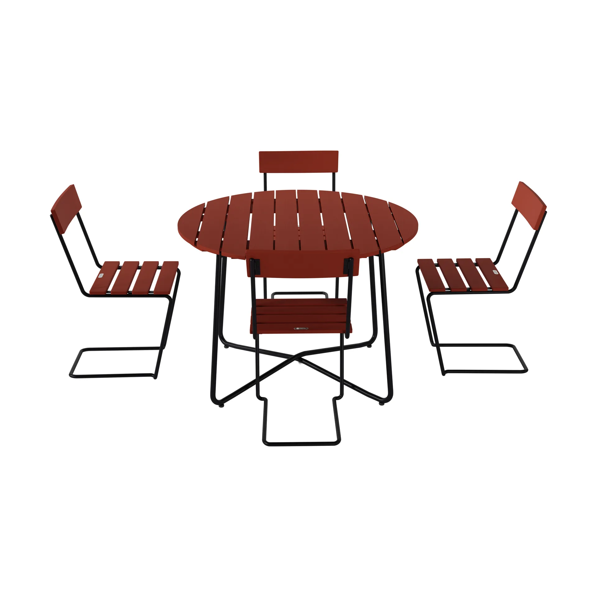 9A dining table Ø100 cm + 4 Chair 1, dark red oak-black frame Grythyttan Stålmöbler
