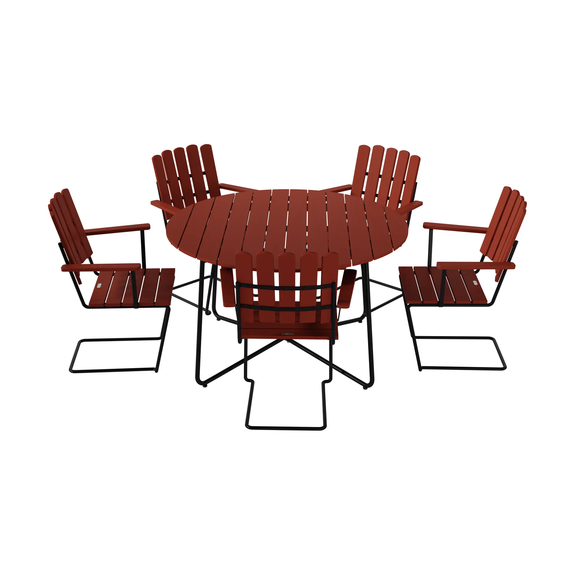 9A dining table Ø120 cm + 5 A2 armchairs, dark red oak-black frame,  Grythyttan Stålmöbler