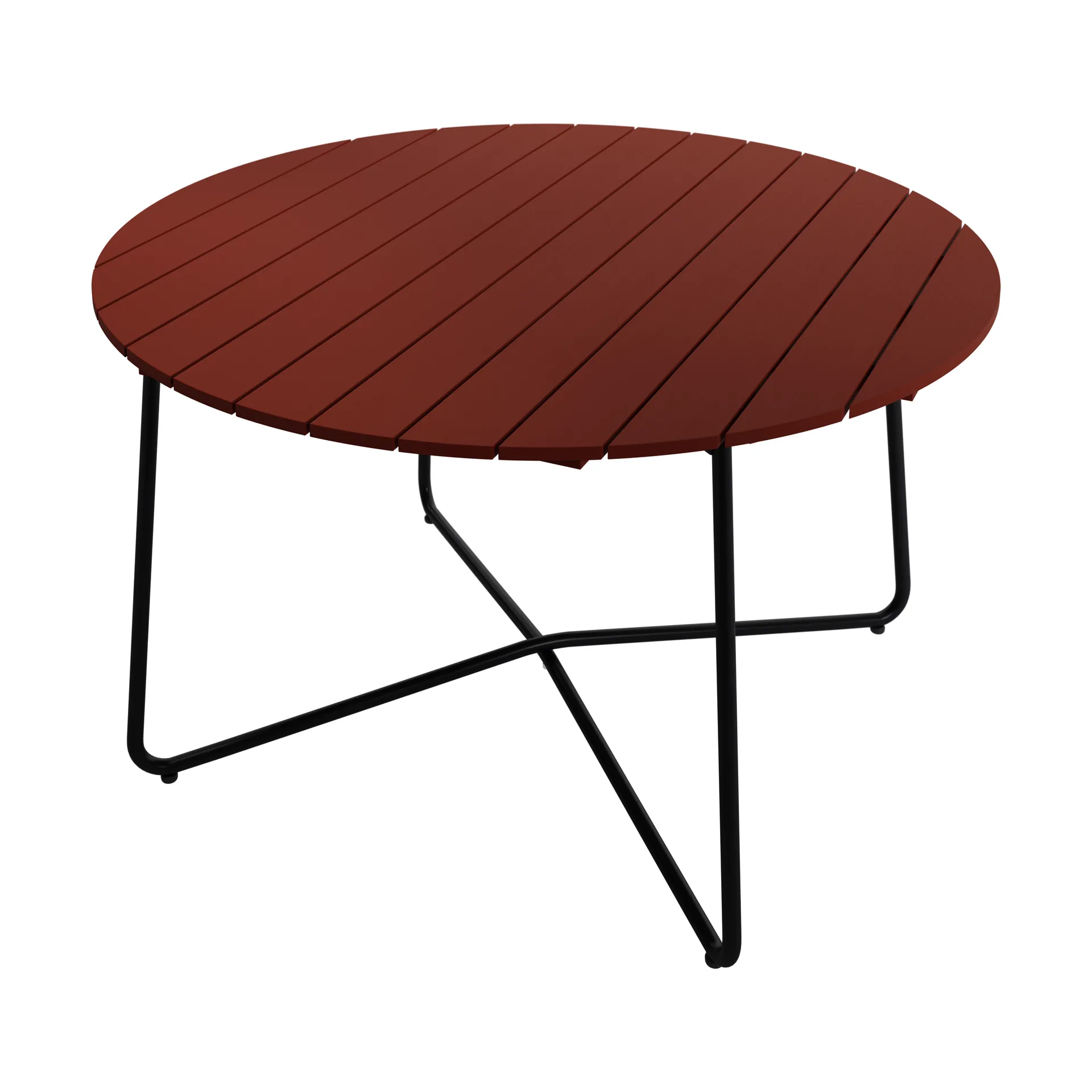 9A dining table, Dark red lacquered oak-black steel frame, Ø120 cm Grythyttan Stålmöbler