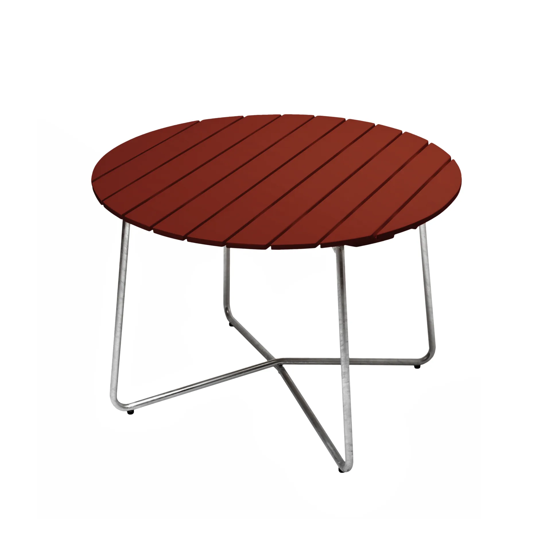 9A dining table, Dark red lacquered oak–hot-dip galvanised frame Ø100 cm Grythyttan Stålmöbler