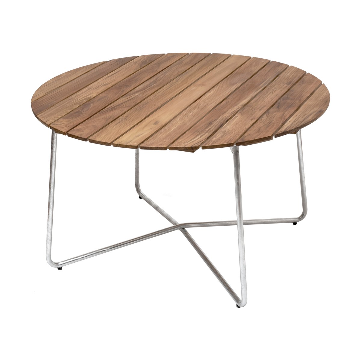 Grythyttan Stålmöbler 9A dining table Teak-dip galvanized stand Ø120 cm