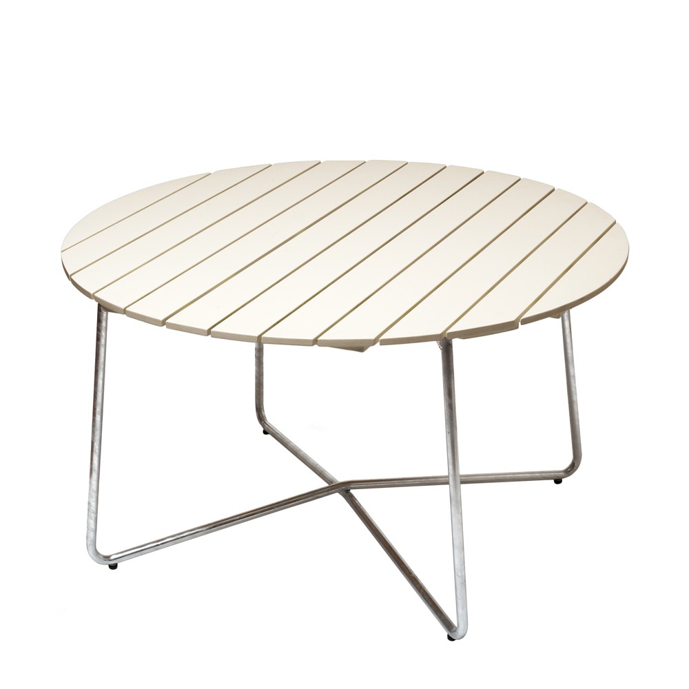 Grythyttan Stålmöbler 9A dining table White lacq. oak-hot-dip galvanized stand Ø120 cm