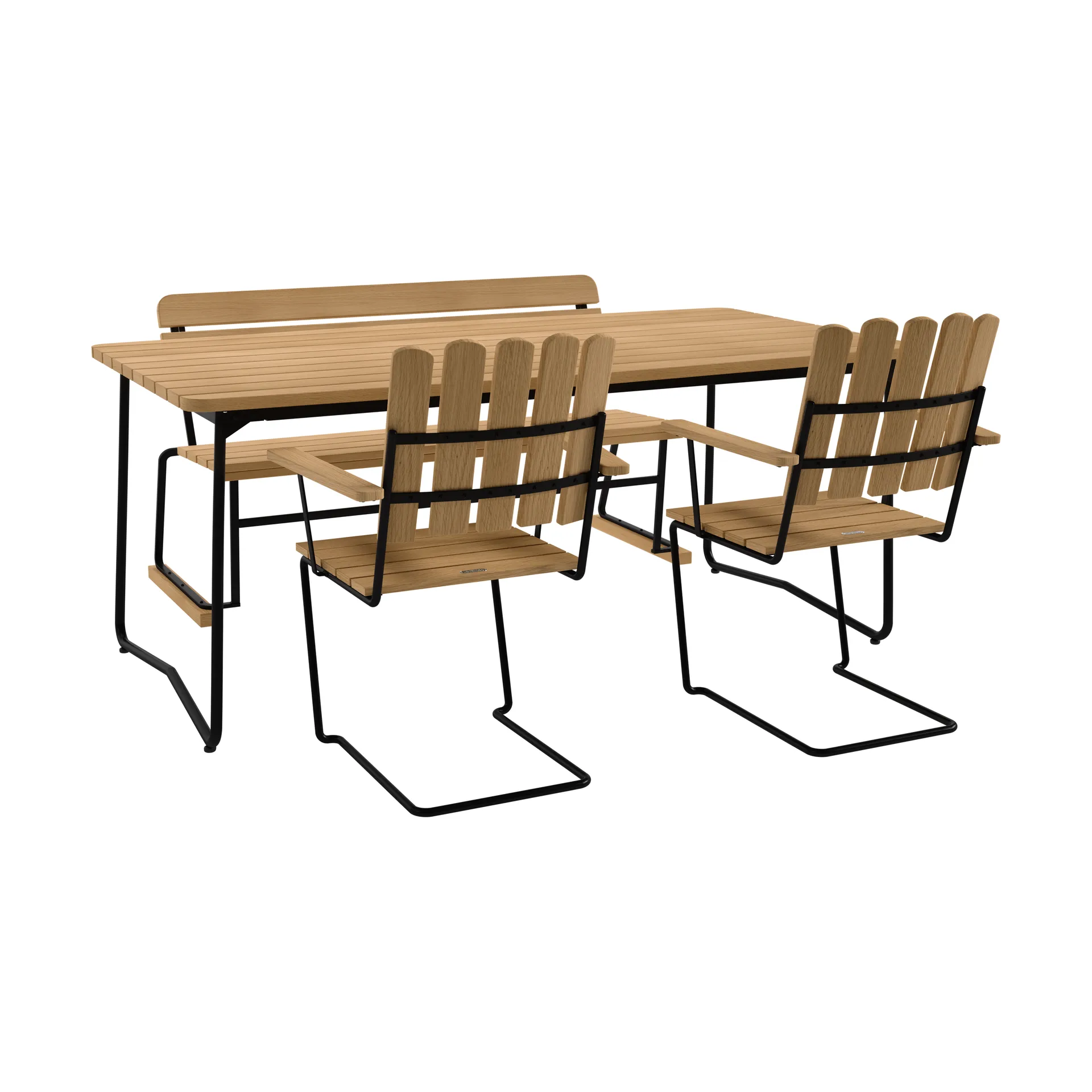 B31 table 170 cm + 2 A2 armchairs + 3 seater sofa, oiled oak-black frame,  Grythyttan Stålmöbler