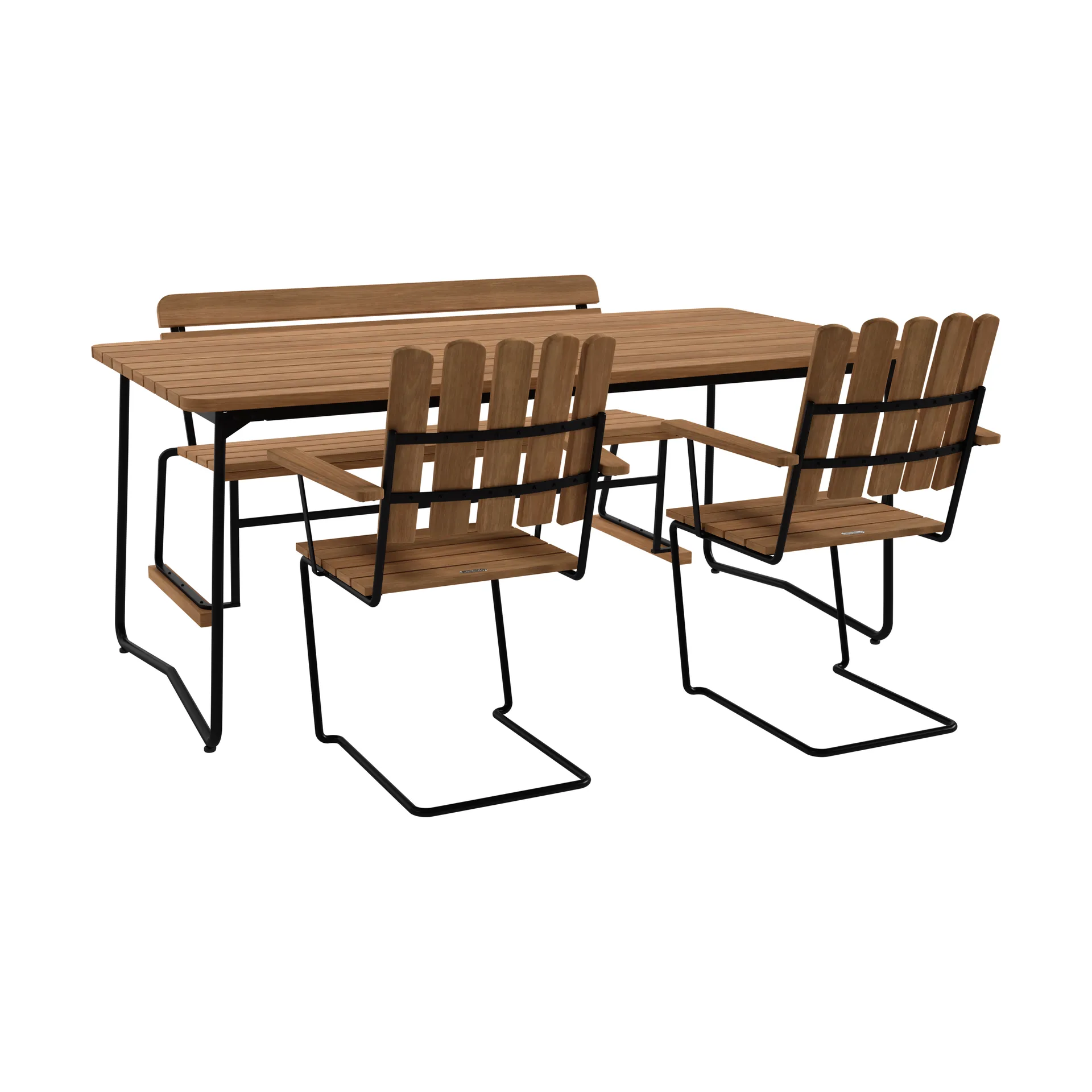 B31 table 170 cm + 2 A2 armchairs + 3 seater sofa, teak-black frame,  Grythyttan Stålmöbler