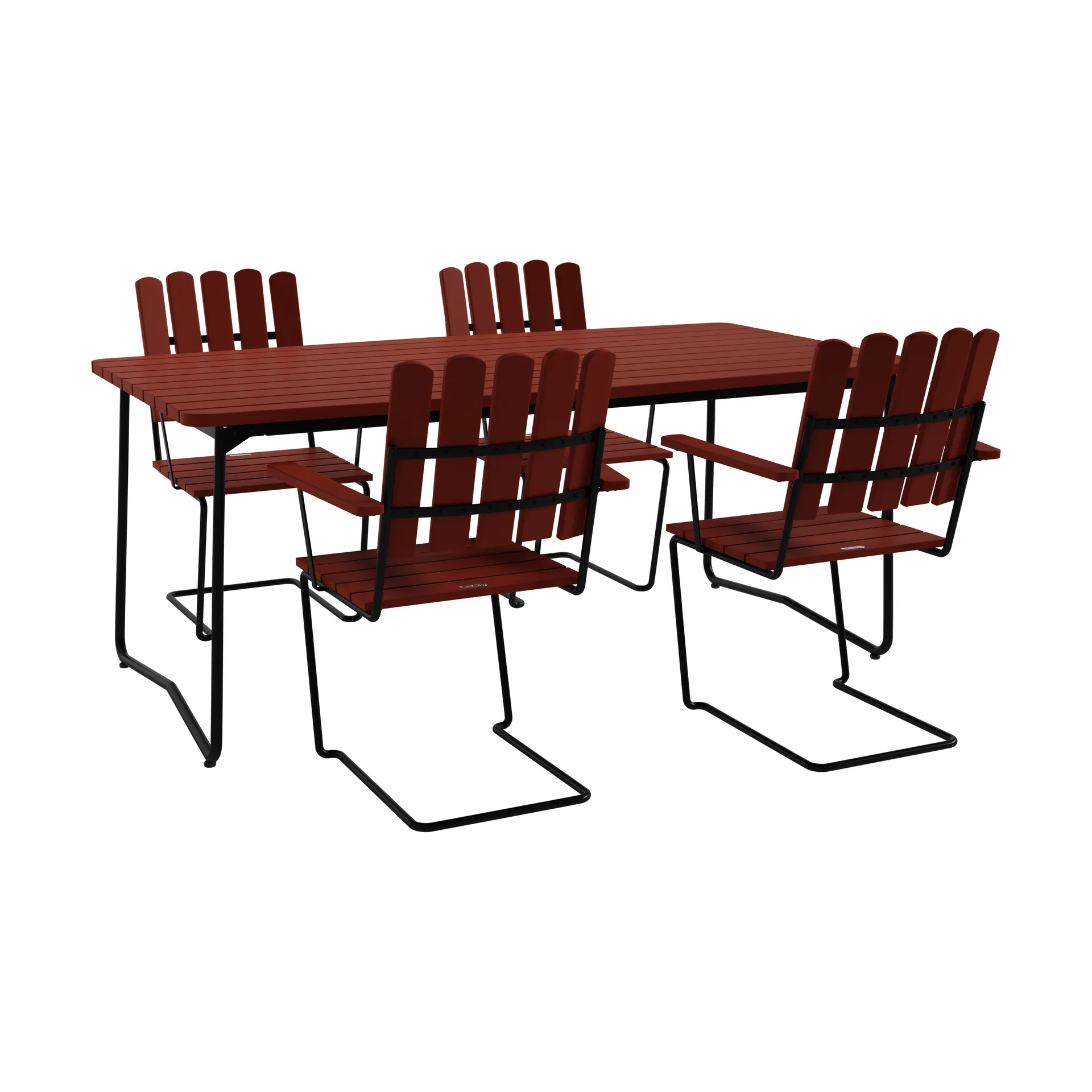 B31 table 170 cm + 4 A2 armchairs, dark red oak-black frame Grythyttan Stålmöbler