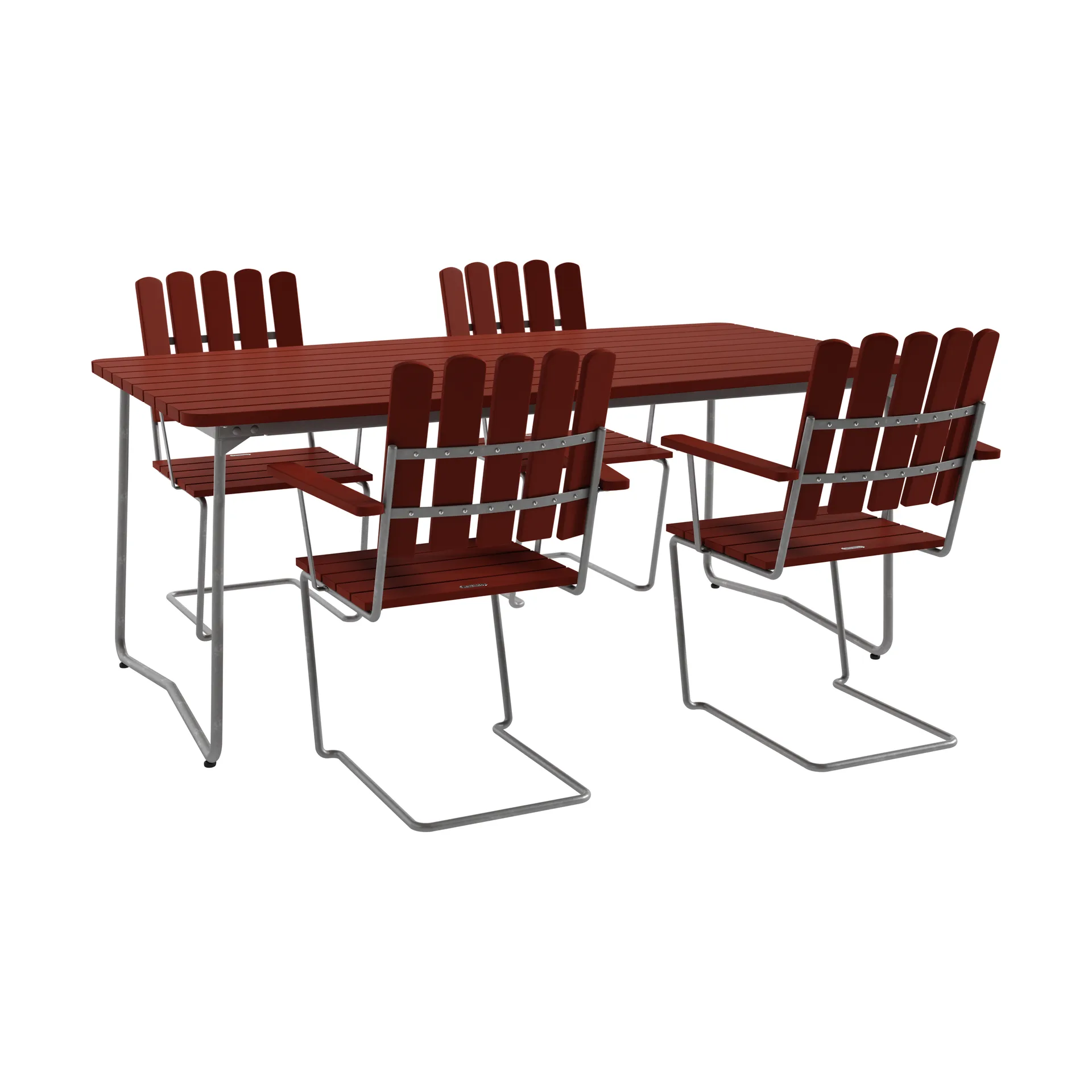 B31 table 170 cm + 4 A2 armchairs, dark red-warm galvanized frame,  Grythyttan Stålmöbler