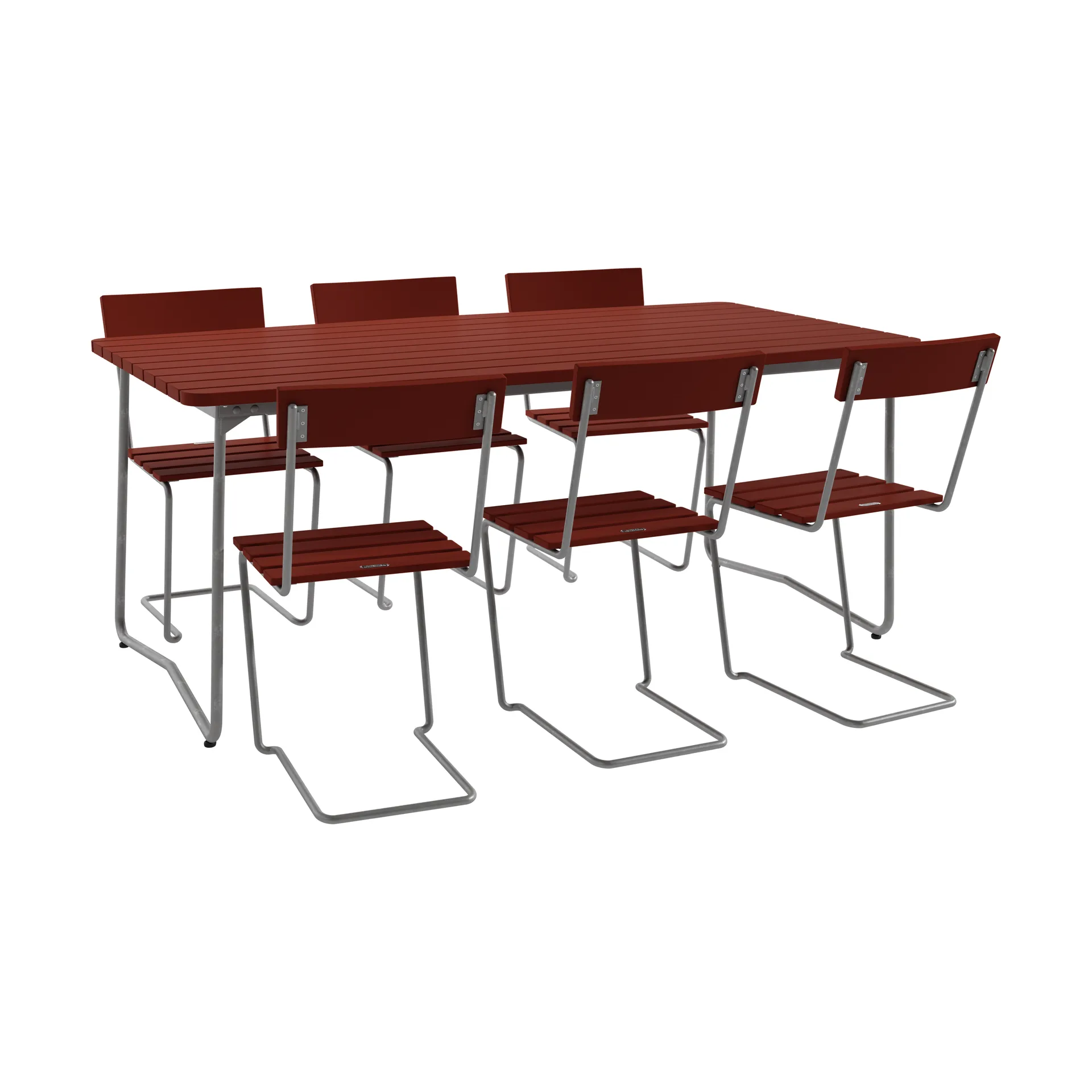B31 table 170 cm + 6 Chair 1, dark red-hot-dip galvanized frame,  Grythyttan Stålmöbler