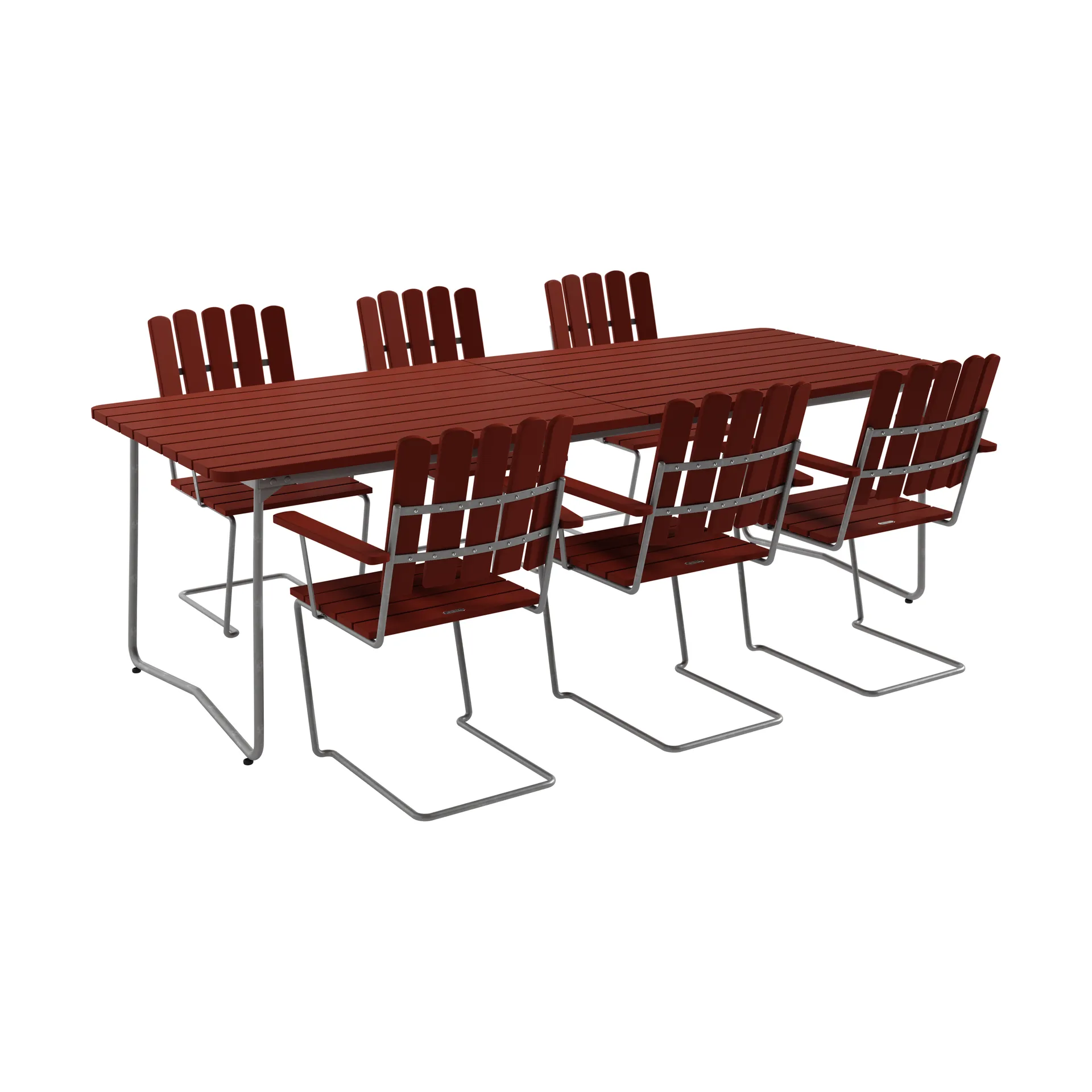 B31 table 230 cm + 6 A2 armchairs, dark red-hot-dip galvanized frame Grythyttan Stålmöbler