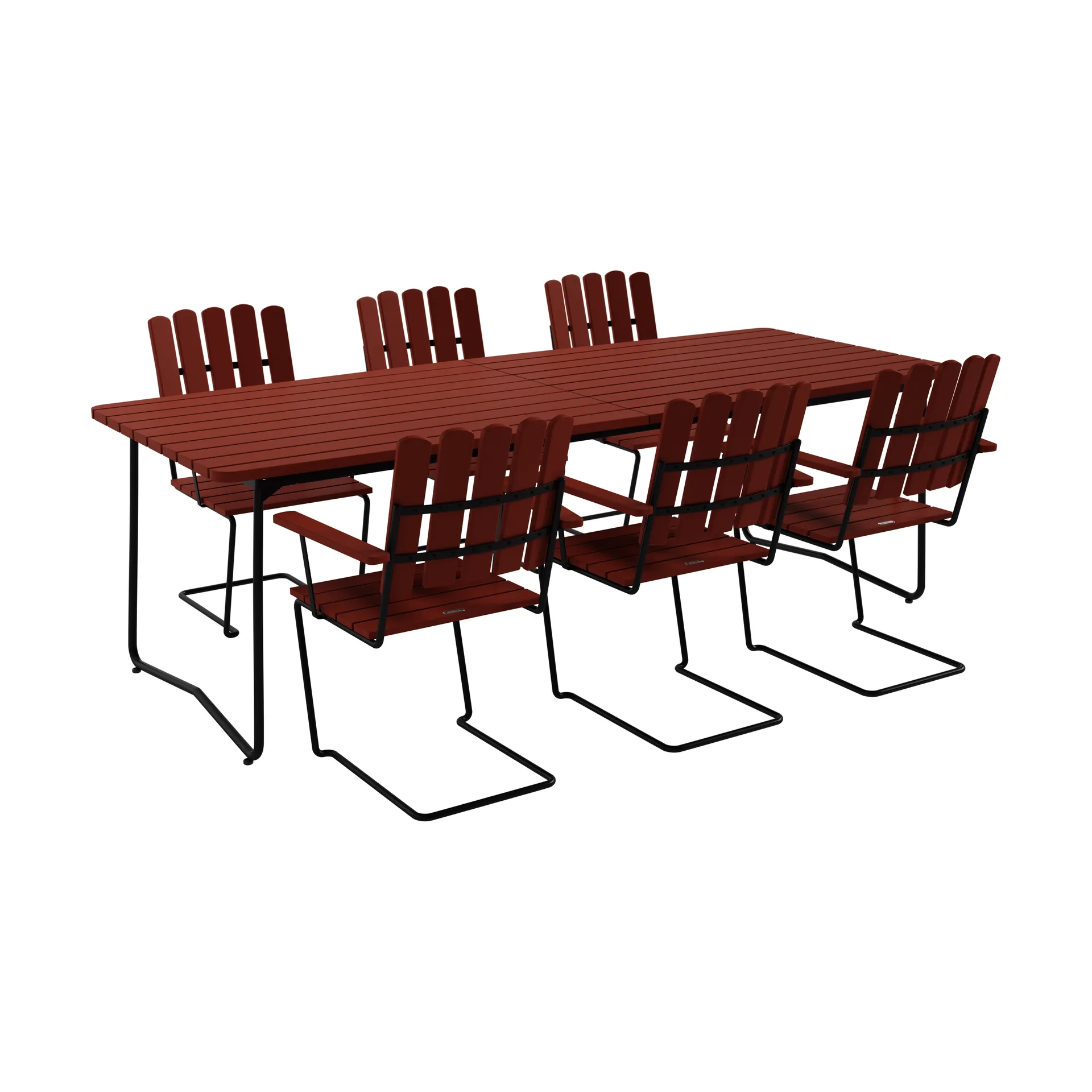 B31 table 230 cm + 6 A2 armchairs, dark red oak-black frame Grythyttan Stålmöbler