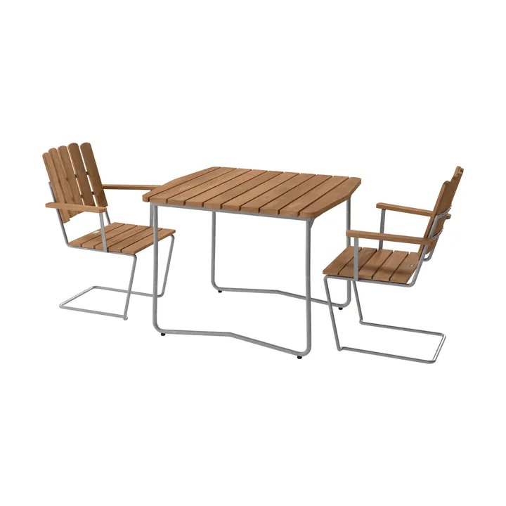 B31 table 92 cm + 2 A2 armchairs, teak–hot-dip galvanized frame - Grythyttan Stålmöbler