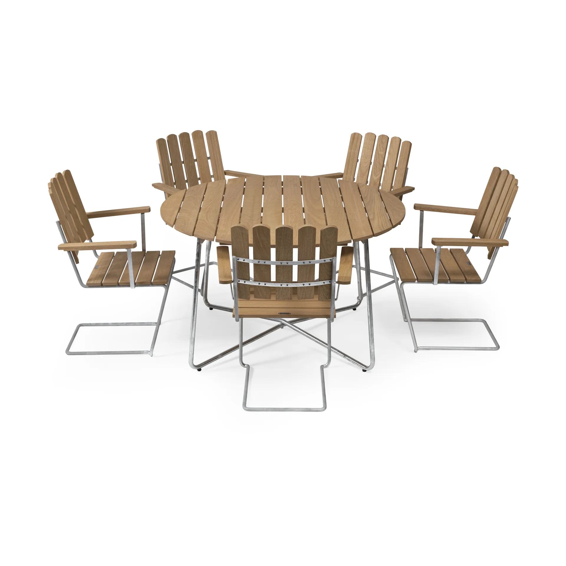 Grythyttan dining set oak 9A Ø120cm + 5pc A2 Grythyttan Stålmöbler