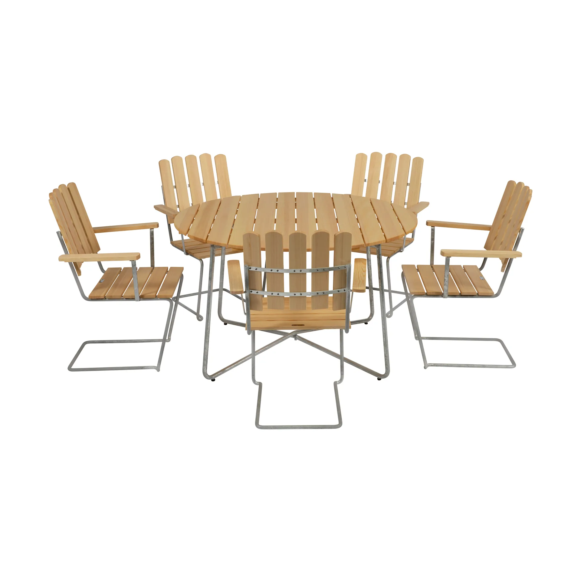 Grythyttan dining set pine 9A Ø120cm + 5pcs A2 Grythyttan Stålmöbler