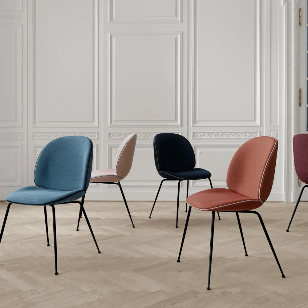 Beetle dining chair - fully upholstered conic base, Fabric velluto cotone 970 dark blue, black steel legs GUBI