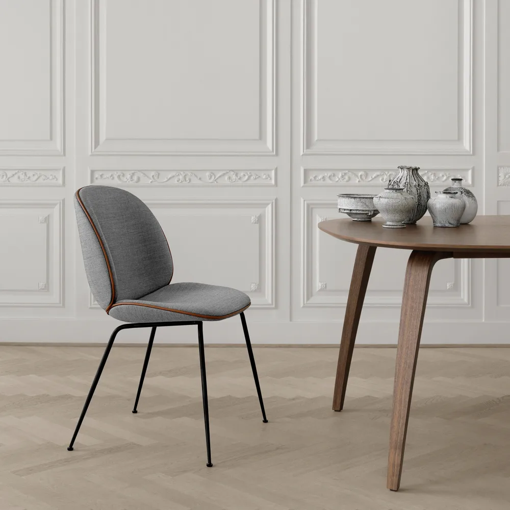 Beetle dining chair - fully upholstered conic base, Fabric velluto cotone 970 dark blue, black steel legs GUBI