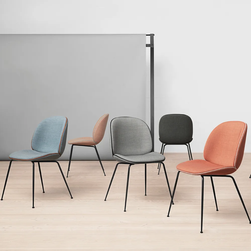 Beetle dining chair - fully upholstered conic base, Fabric velluto cotone 970 dark blue, black steel legs GUBI