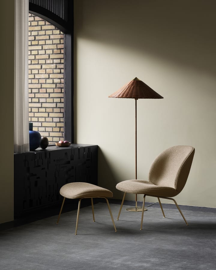 Beetle Ottoman - upholstered foot stool, conic base - Around bouclé 004-brass - GUBI