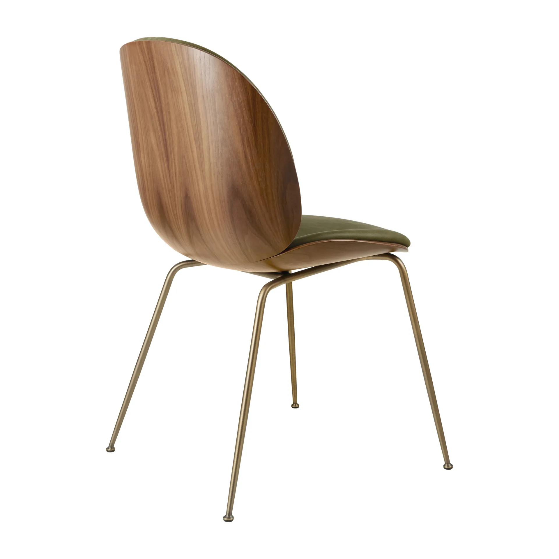 Beetle upholstered chair walnut, Antique brass-leather army GUBI