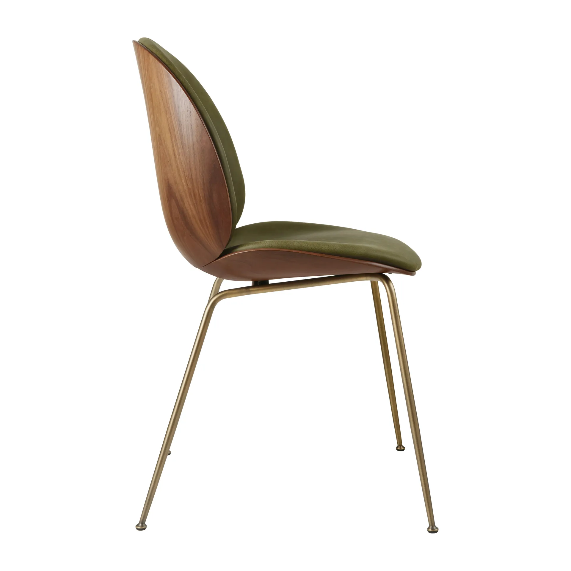 Beetle upholstered chair walnut, Antique brass-leather army GUBI