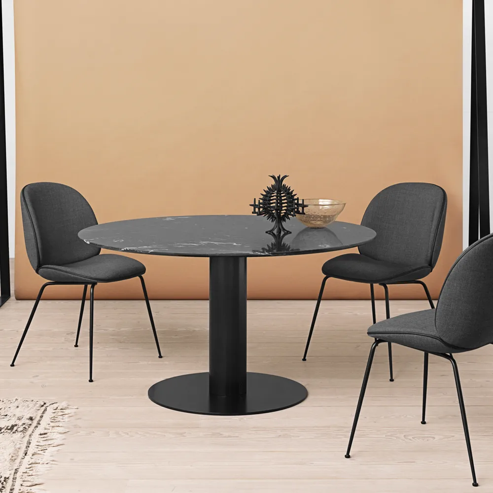 Gubi 2.0 dining table, Marble white. ø150. black stand GUBI