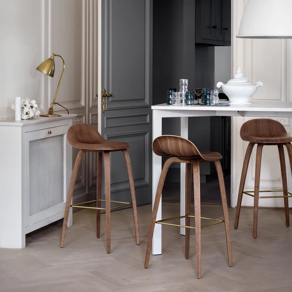 Gubi 3D barstool high, Oak matte lacquered, chromed steel sled base GUBI