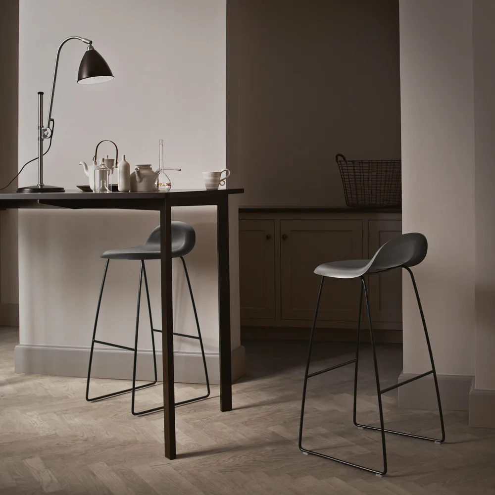 Gubi 3D barstool high, Oak matte lacquered, chromed steel sled base GUBI