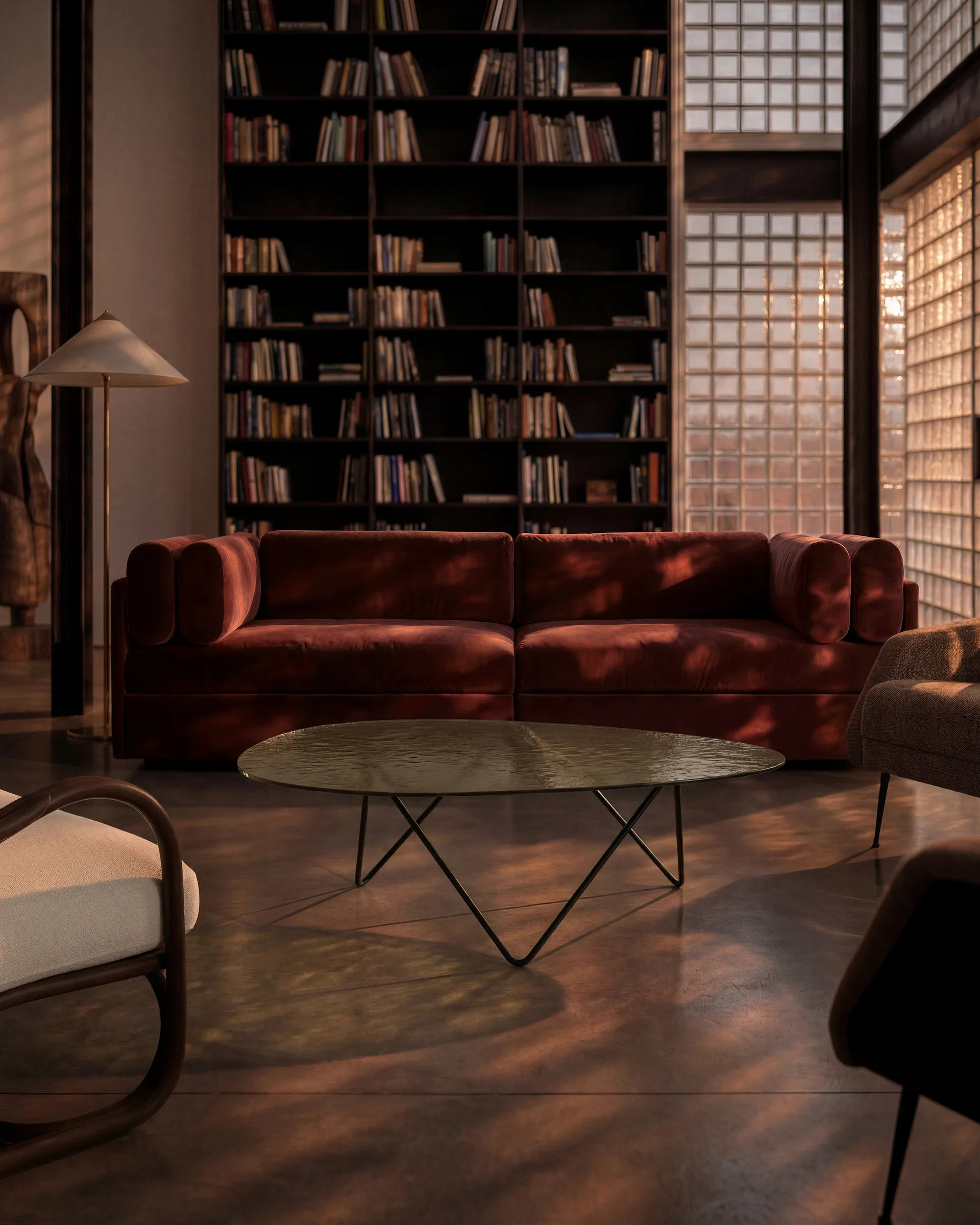 Pedrera sofa table, Black semi-matte–structure glass smoke GUBI