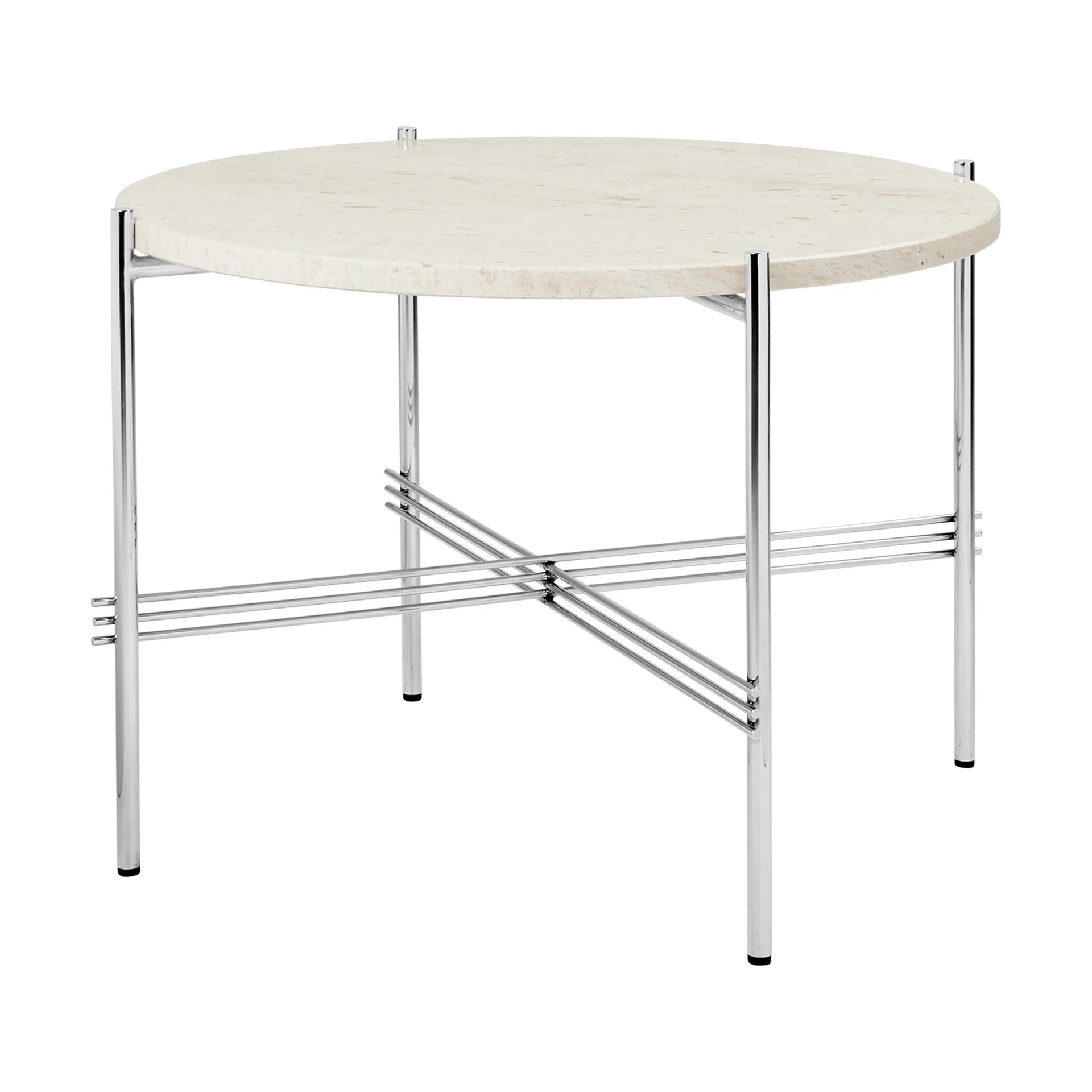 TS coffee table polished steel Ø55, Neutral white travertine GUBI