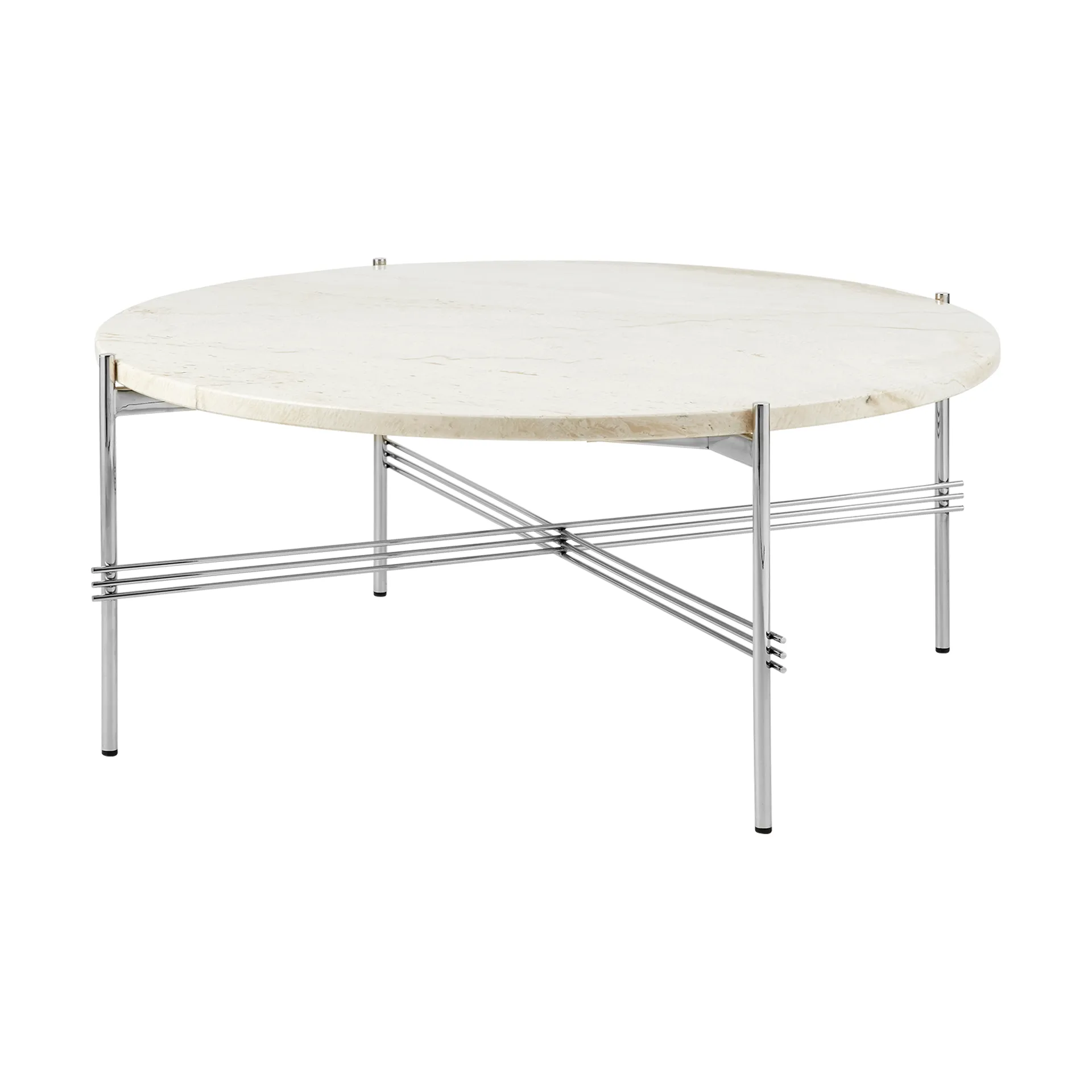TS coffee table polished steel Ø80, Neutral white travertine GUBI