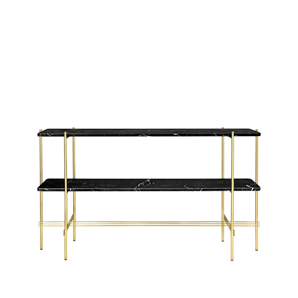 GUBI TS Console table 120x30x72 cm Black marquina marble, brass legs, 2 marble shelves