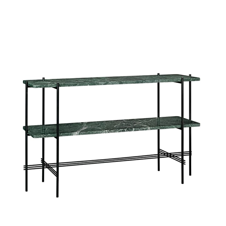 TS Console table 120x30x72 cm - Green guatemala marble, black legs, 2 marble shelves - GUBI