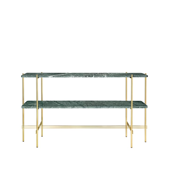 TS Console table 120x30x72 cm - Green guatemala marble, brass legs, 2 marble shelves - GUBI