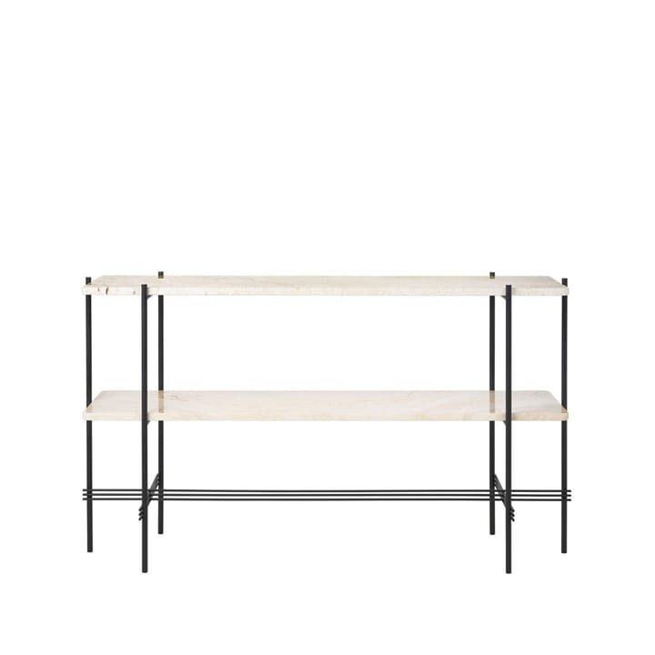 TS Console table 120x30x72 cm - Natural white travertine, black legs, 2 marble shelves - GUBI