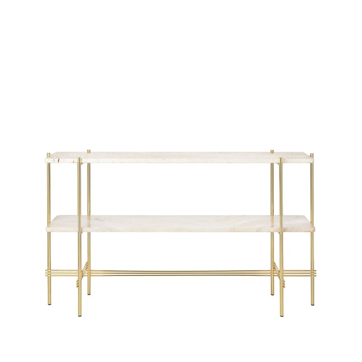 TS Console table 120x30x72 cm - Natural white travertine, brass legs, 2 marble shelves - GUBI