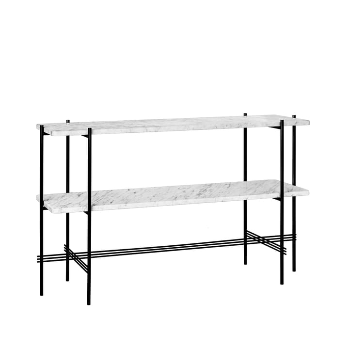 TS Console table 120x30x72 cm - White carrara marble, black legs, 2 marble shelves - GUBI